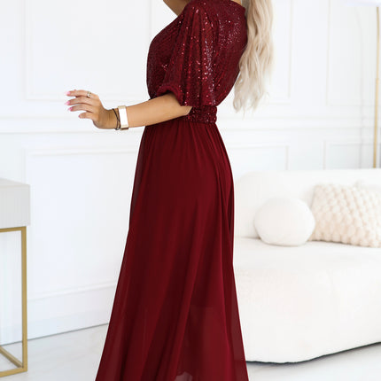 Burgundy Maxi Dress with Sequin Top and Belt – Elvia