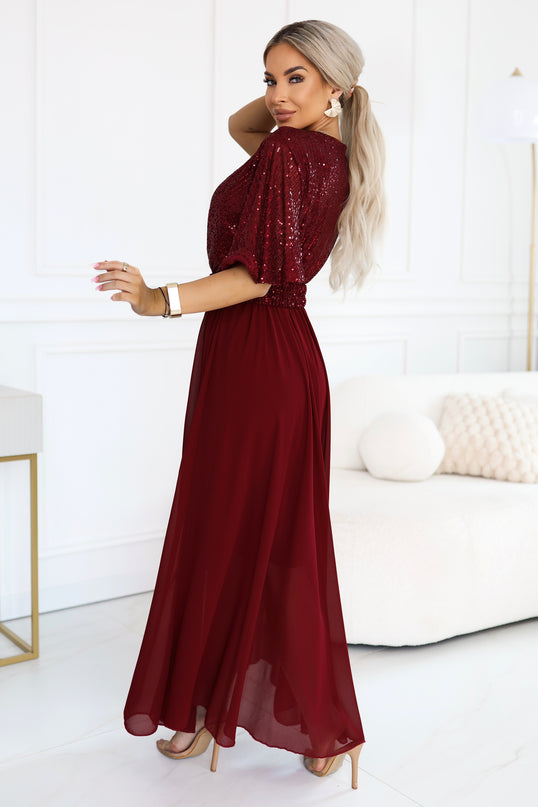 Burgundy Maxi Dress with Sequin Top and Belt – Elvia