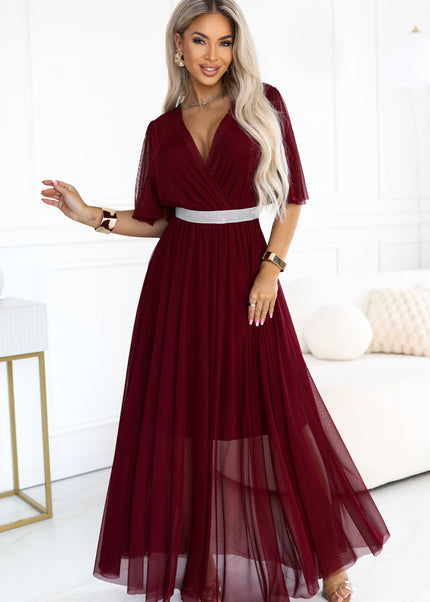 706-1 Maxi dress with a wrap neckline and a jewelry belt - burgundy