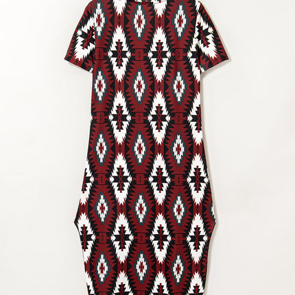 Red Western Aztec Printed Long T-shirt Dress