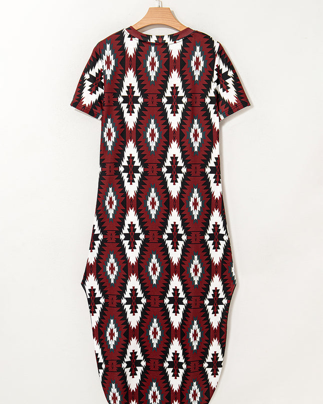 Red Western Aztec Printed Long T-shirt Dress
