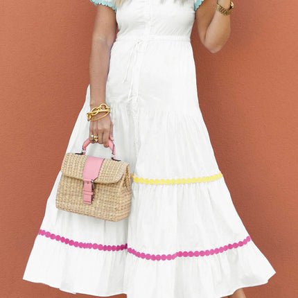 White Colorblock Rickrack Trim Short Sleeve Drawstring Waist Long Dress