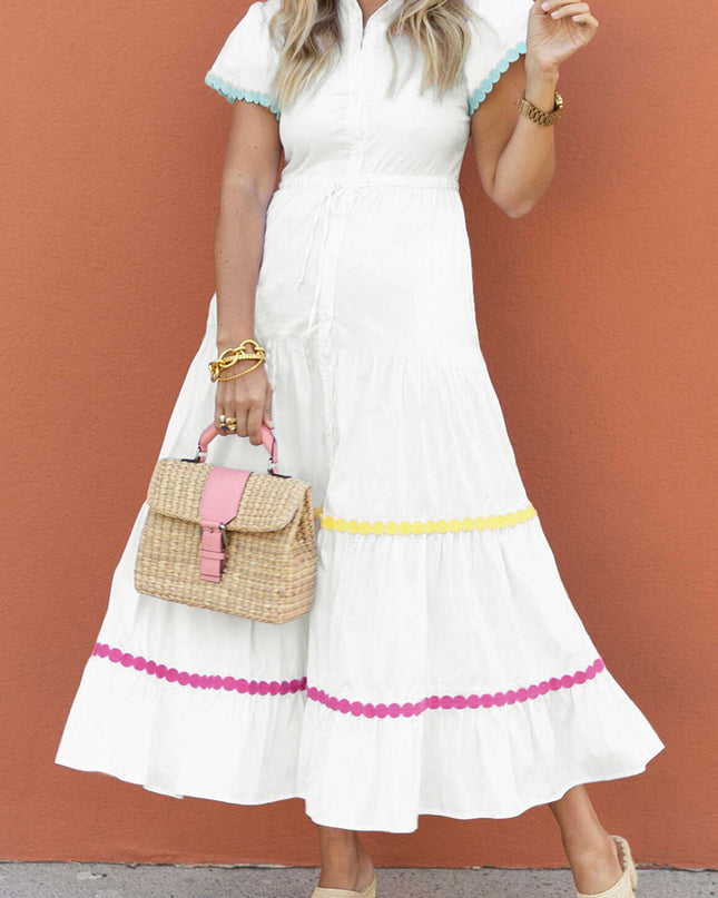 White Colorblock Rickrack Trim Short Sleeve Drawstring Waist Long Dress