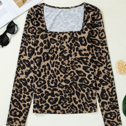 Brown Leopard Print Slim Long Sleeve T Shirt
