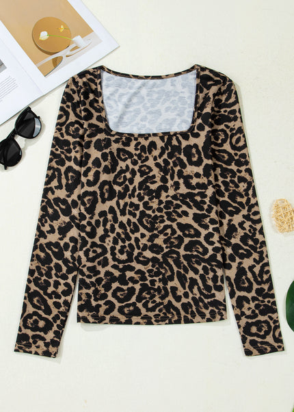 Brown Leopard Print Slim Long Sleeve T Shirt