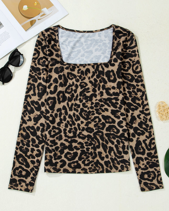 Brown Leopard Print Slim Long Sleeve T Shirt
