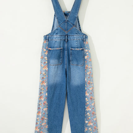 Peacock Blue Floral Patchwork Bib Denim Wide Leg Overalls