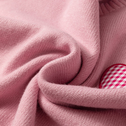 Light Pink Plaid Heart Embroidered Cuffed Drop Shoulder Crew Neck Sweater