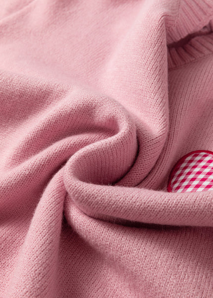 Light Pink Plaid Heart Embroidered Cuffed Drop Shoulder Crew Neck Sweater