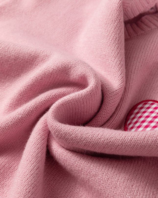 Light Pink Plaid Heart Embroidered Cuffed Drop Shoulder Crew Neck Sweater