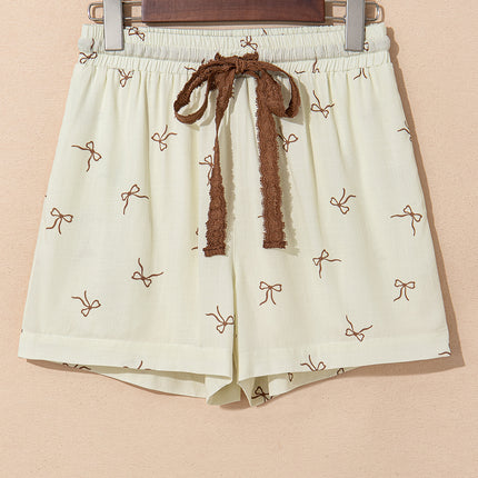 White Bow Print Lace Drawstring Casual Shorts
