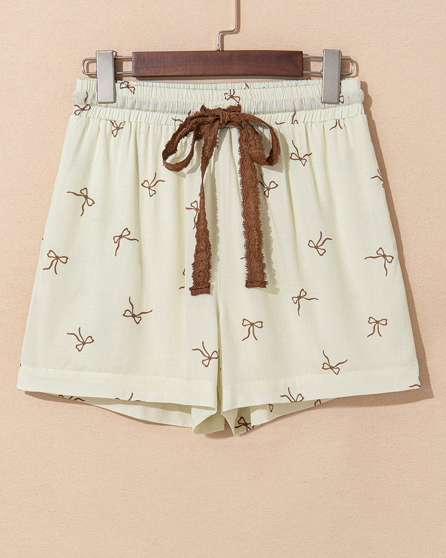White Bow Print Lace Drawstring Casual Shorts
