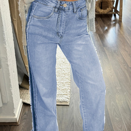 Beau Blue Contrast Stripe Frayed Side Panel Patchwork Shift Jeans