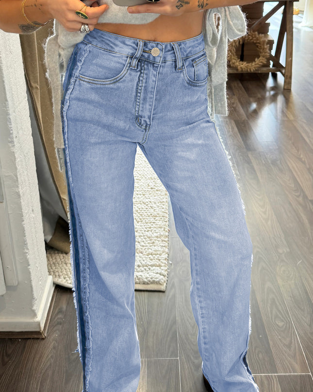 Beau Blue Contrast Stripe Frayed Side Panel Patchwork Shift Jeans