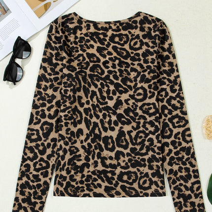 Brown Leopard Print Slim Long Sleeve T Shirt