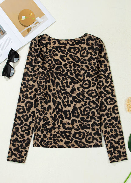Brown Leopard Print Slim Long Sleeve T Shirt