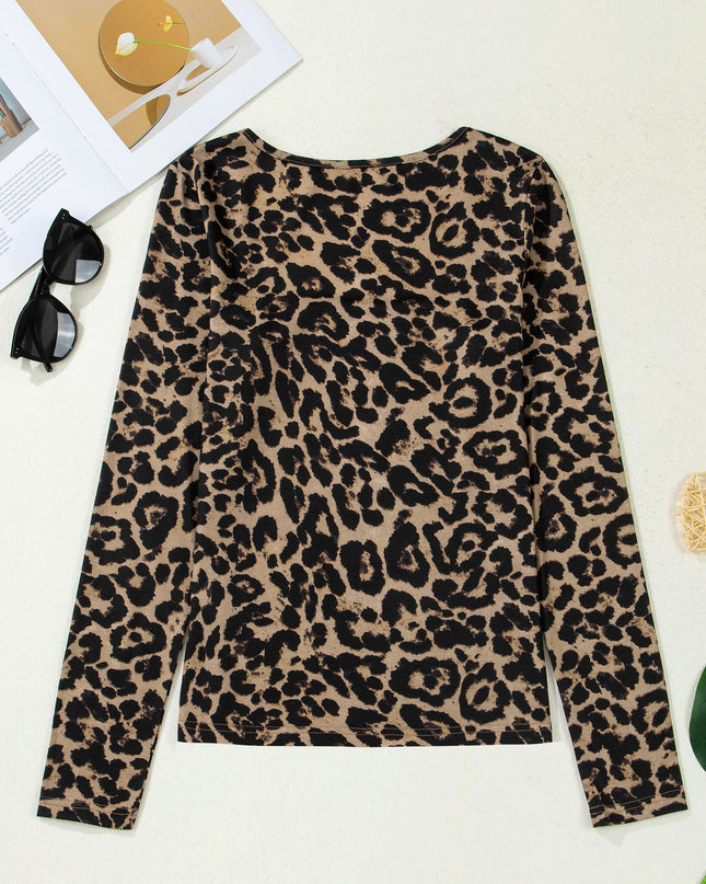 Brown Leopard Print Slim Long Sleeve T Shirt