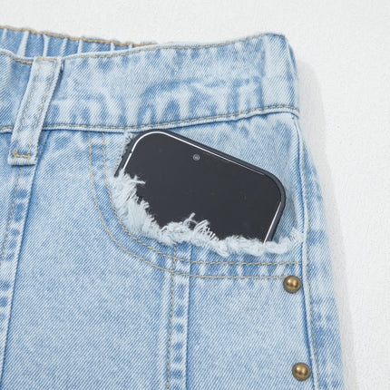 Beau Blue Studded Side Slit Leg Frayed Pocketed Wide Leg Jeans