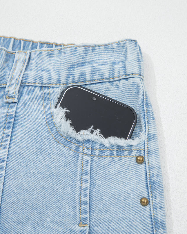Beau Blue Studded Side Slit Leg Frayed Pocketed Wide Leg Jeans