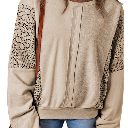 Parchment Knit Crochet Exposed Seam Ribbed Trim Sweatshirt