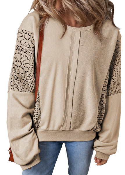 Parchment Knit Crochet Exposed Seam Ribbed Trim Sweatshirt