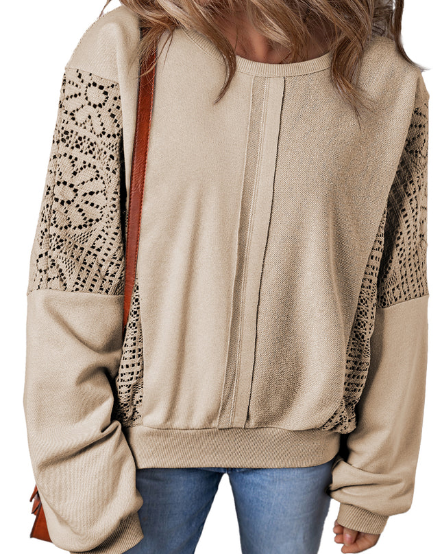 Parchment Knit Crochet Exposed Seam Ribbed Trim Sweatshirt