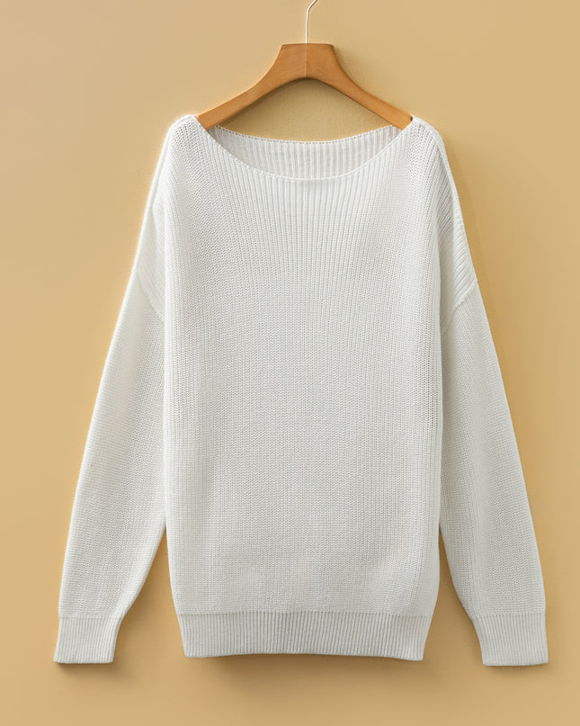 White Asymmetric Neck Drop Shoulder Baggy Slouchy Sweater