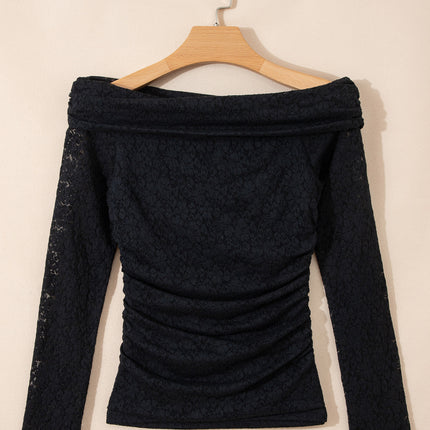 Black Floral Lace Off-shoulder Long Sleeve Slim Top