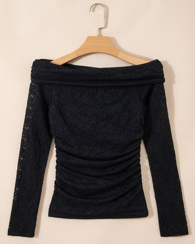 Black Floral Lace Off-shoulder Long Sleeve Slim Top