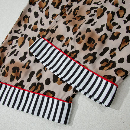 Khaki Plus Leopard Print Contrast Piping Striped Patchwork 2pcs Long Pajama Set