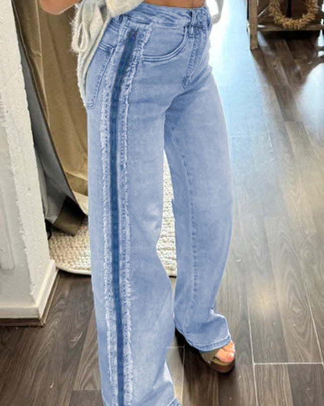 Beau Blue Contrast Stripe Frayed Side Panel Patchwork Shift Jeans