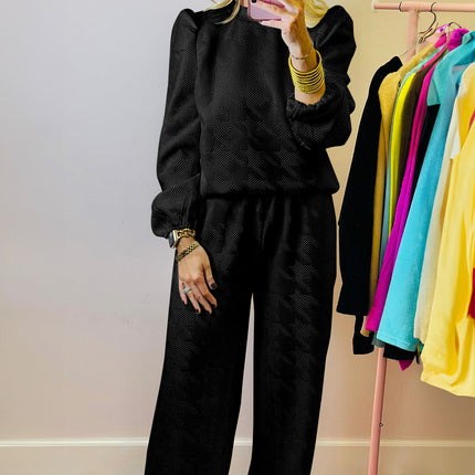 Rose Red Textured Puff Sleeve Top and Pants Set