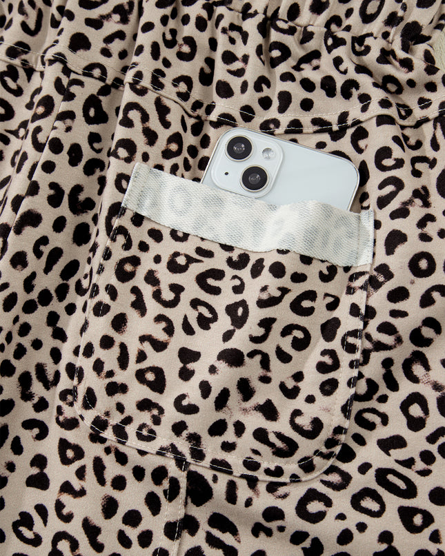 Khaki Animal Print Wide Leg Terry Knit Pants