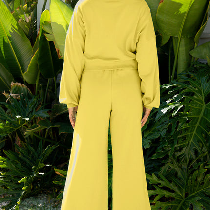 Flamingo Drop Shoulder Puff Sleeve Crop Pullover Drawstring Wide Leg Pants Set