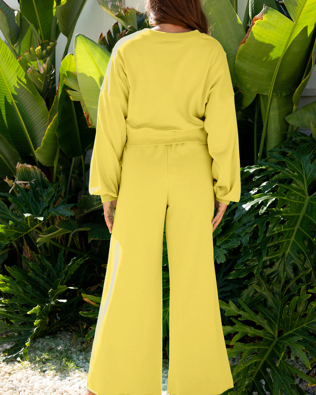 Flamingo Drop Shoulder Puff Sleeve Crop Pullover Drawstring Wide Leg Pants Set