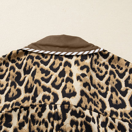Brown Leopard Collared 3/4 Sleeve Shirt and Loose Pants Two Piece Outfit Set