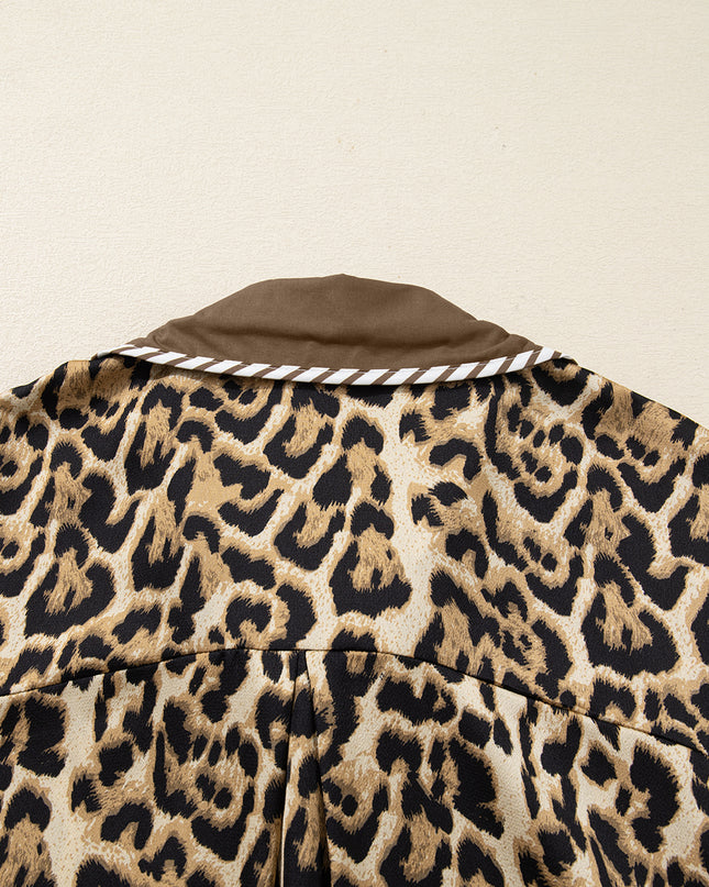 Brown Leopard Collared 3/4 Sleeve Shirt and Loose Pants Two Piece Outfit Set