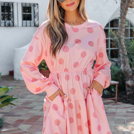White Polka Dot Printed Long Sleeve Flared Mini Dress