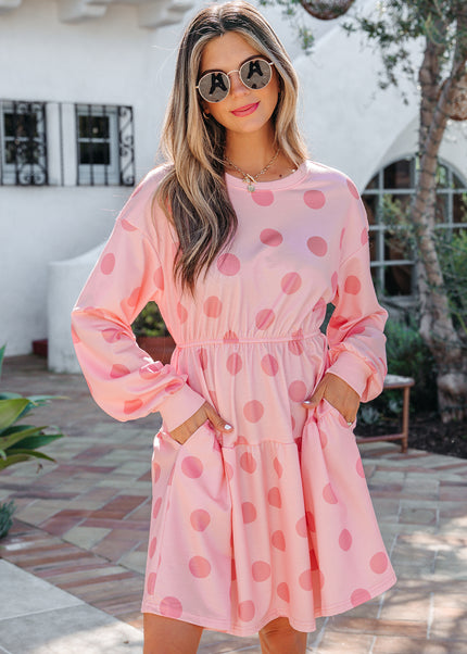 White Polka Dot Printed Long Sleeve Flared Mini Dress