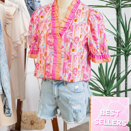 Pink Poppy Flower Striped Print Color Block Trim V Neck Short Sleeve Blouse