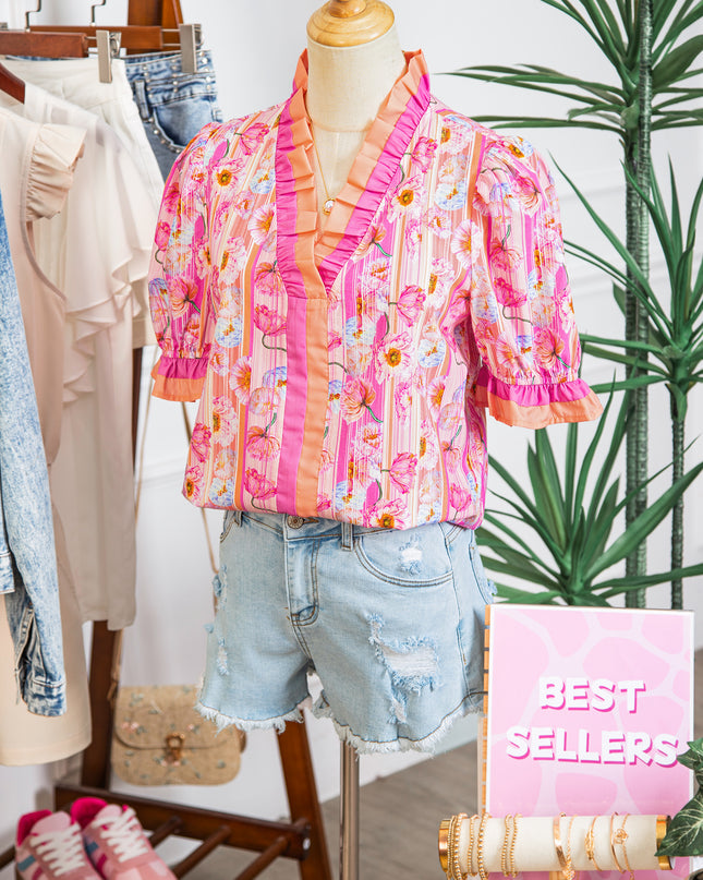 Pink Poppy Flower Striped Print Color Block Trim V Neck Short Sleeve Blouse