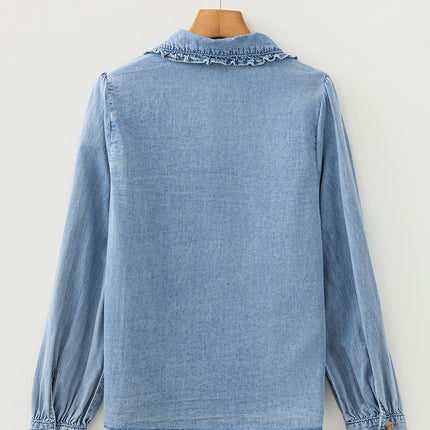 Beau Blue Ruffled Peter Pan Collar Western Denim Shirt