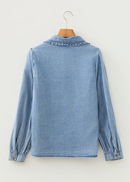 Beau Blue Ruffled Peter Pan Collar Western Denim Shirt