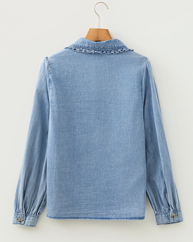 Beau Blue Ruffled Peter Pan Collar Western Denim Shirt