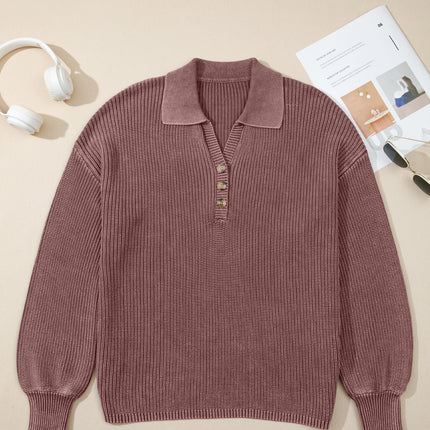 Dark Brown Washed Knit Button Polo Collar Loose Sweater
