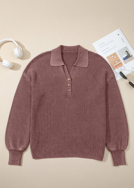 Dark Brown Washed Knit Button Polo Collar Loose Sweater