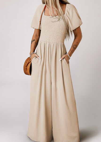 Apricot Short Bubble Sleeve Smocked Wide Leg Jumpsuit