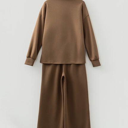 Coffee Solid Color V Neck Top and High Waist Pants Set