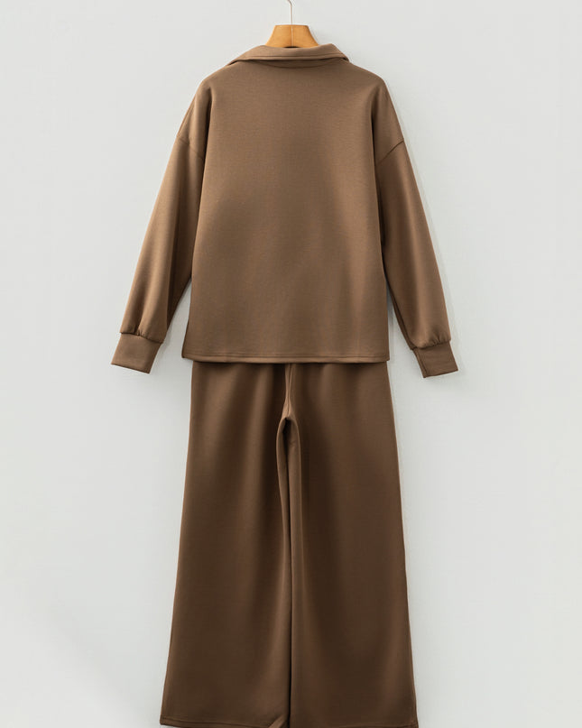 Coffee Solid Color V Neck Top and High Waist Pants Set