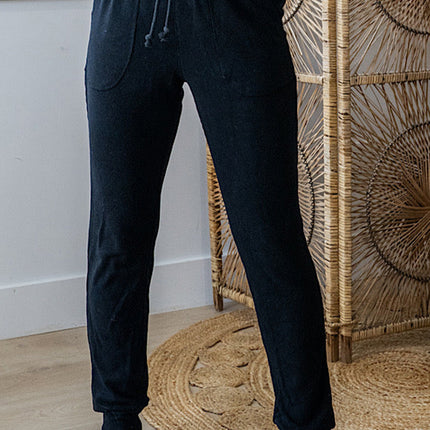 Black Ribbed Drawstring Active Jogger Pants